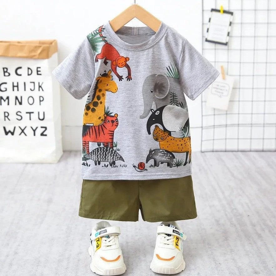 2pc stitched Cotton Tshirt and Shorts - Jungle Animal Graphic Set