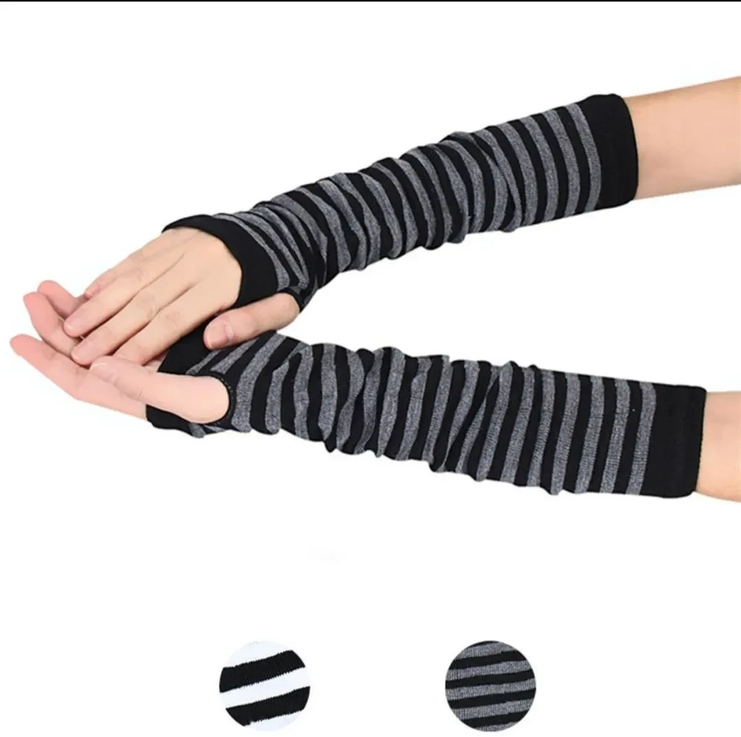 Generic Wool Arm Sleeves Black Grey Striped Thumb Hole
