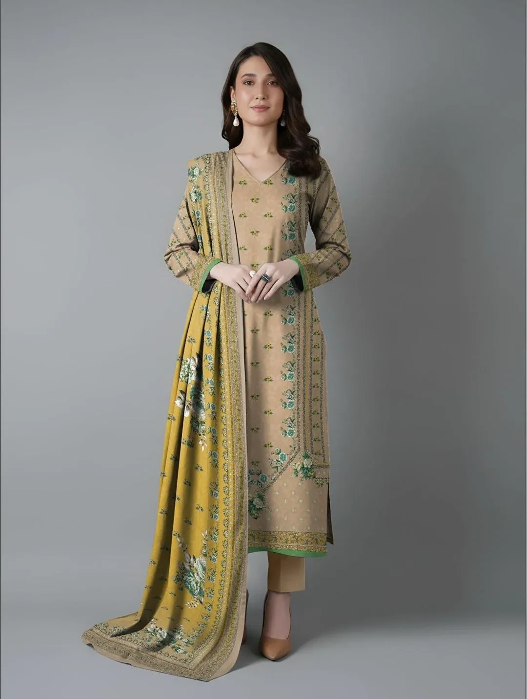 Brown Printed Dobby Lawn 3Pcs Women's Suit
