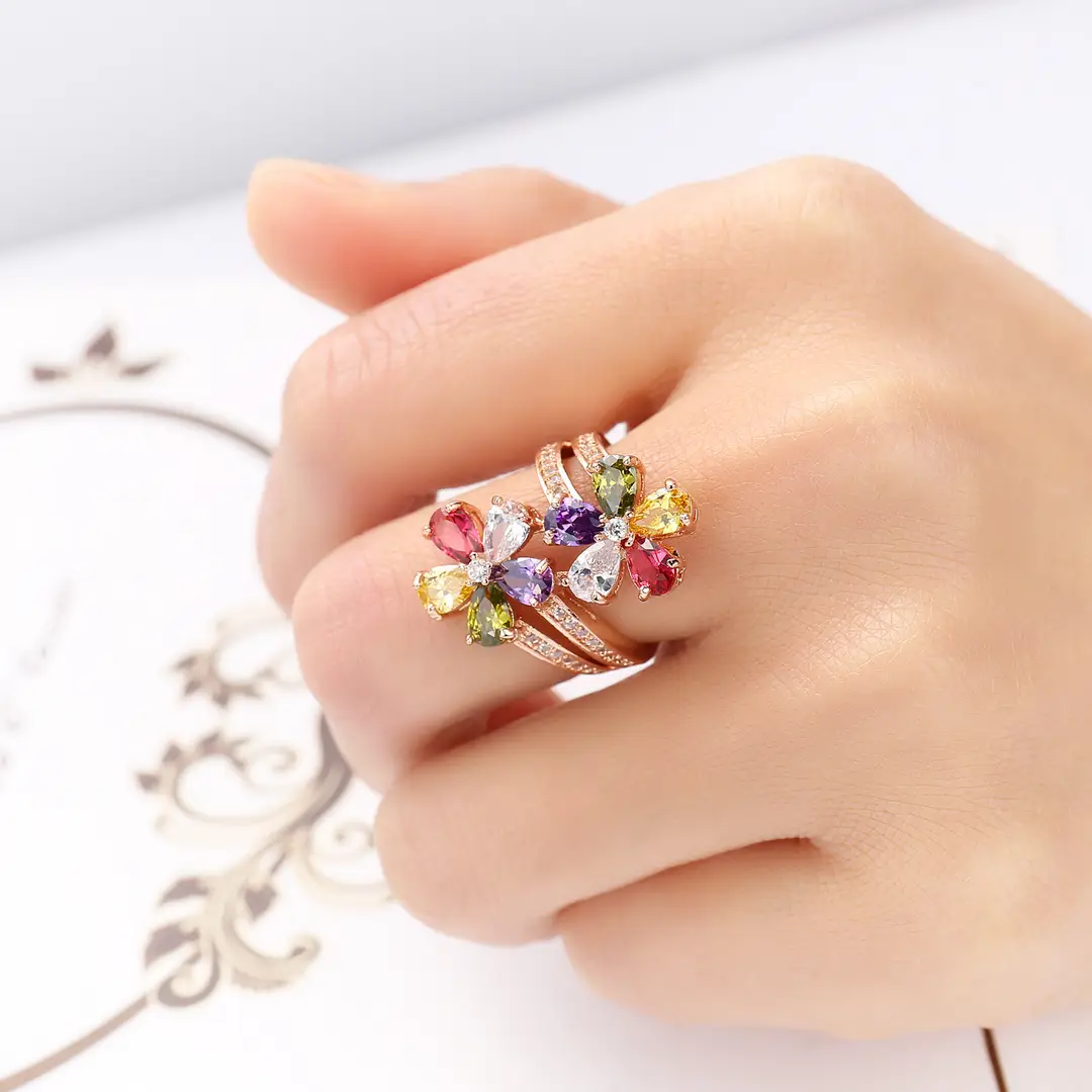 Floral Zircon Ring for Women – Colourful Stone Statement Ring for Daily Wear
