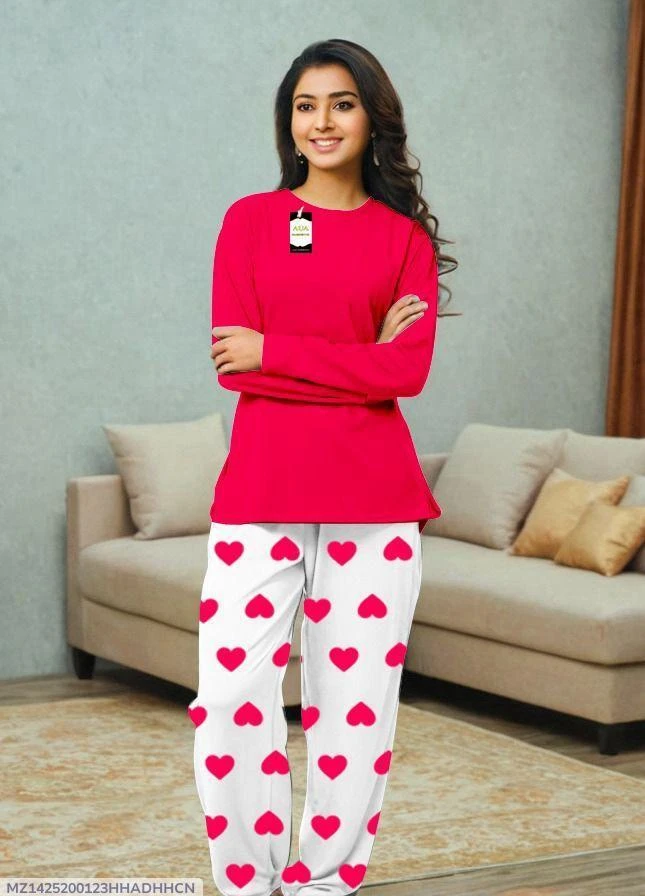 2 Pcs Women's Stitched Printed Night Suit - Soft Cotton Jersey Sleepwear
