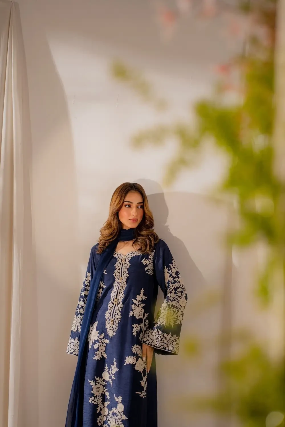 Women’s 3-Piece Stitched Linen Embroidered Suit Blue