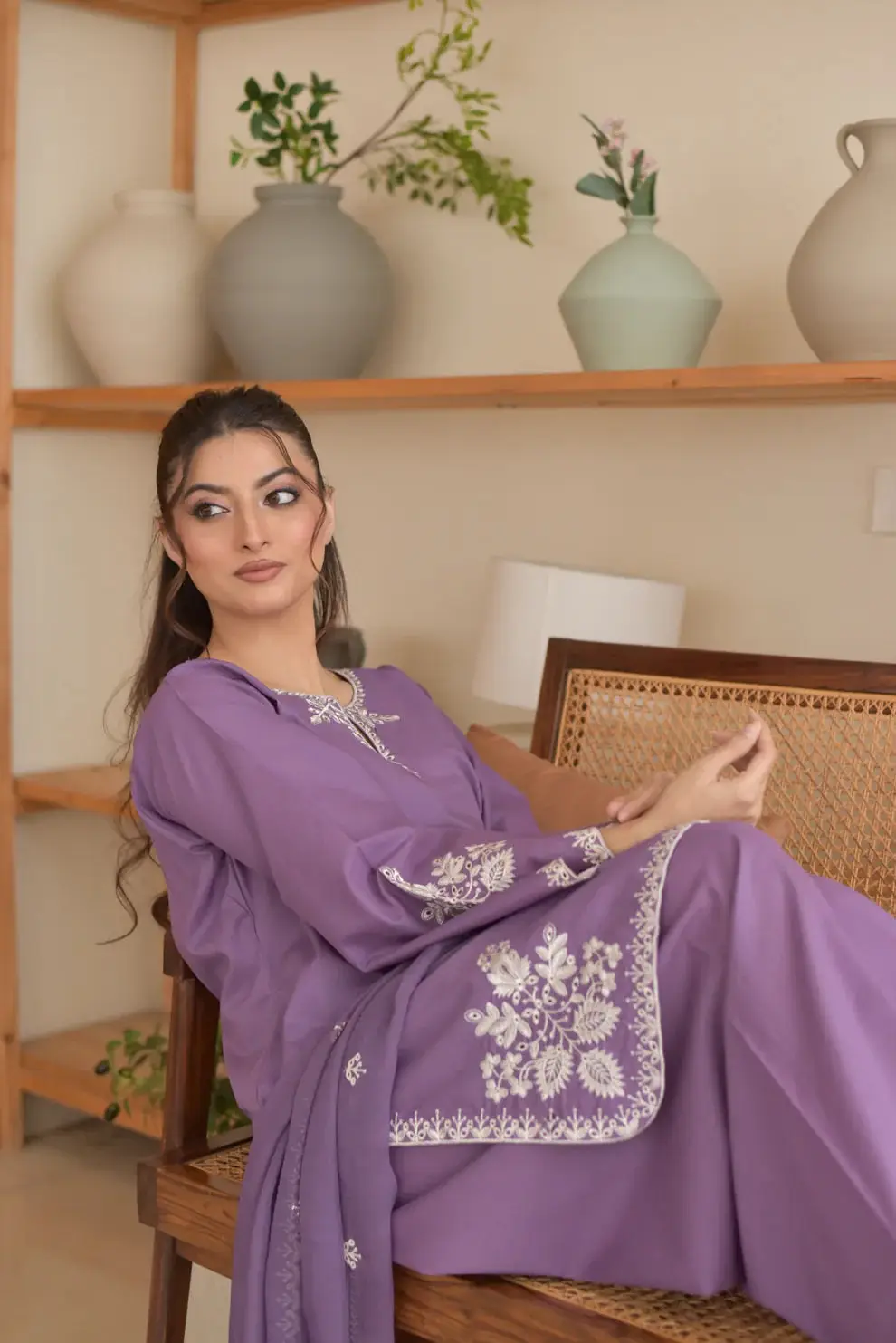 3-Piece Women's Stitched Cotton Embroidered Suit – Purple (Tawakal Closet)