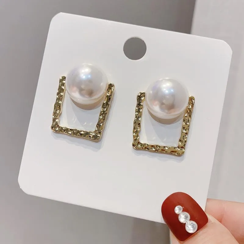 Pearl Stud Earrings with Textured Square Frame - 2-Piece Set