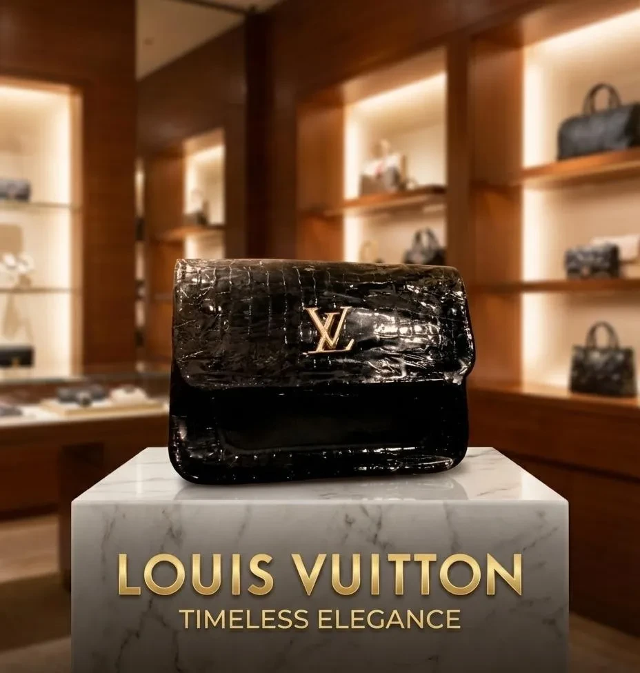 Louis Vuitton Croc Embossed Black Handbag with Gold Logo