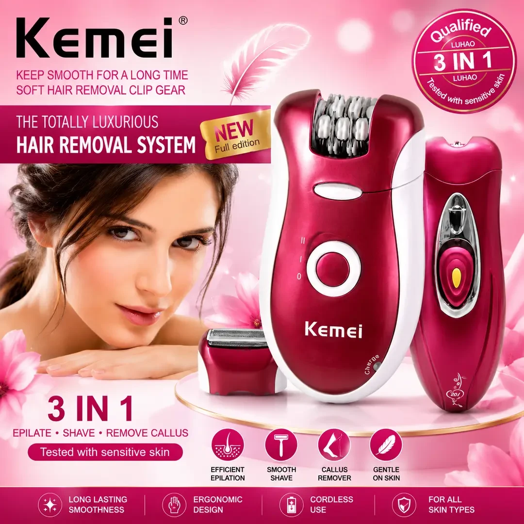 Kemei KM-3068 3-in-1 Rechargeable Epilator for Women