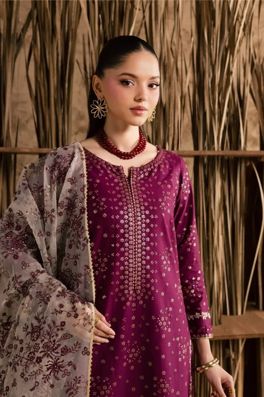 Stunning 3-Piece Women's Stitched Embroidered Cotton Suit – Purple