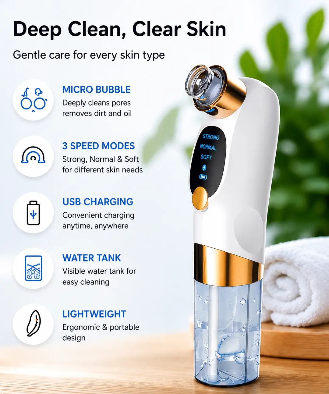 Micro Bubble Blackhead Remover – Rechargeable Facial Cleansing Device