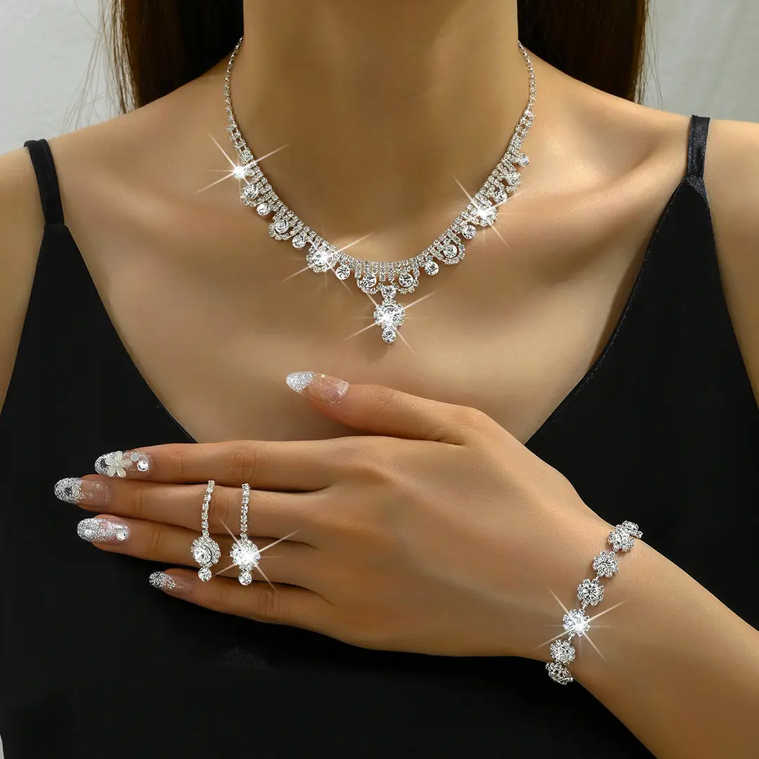 Water Diamond Jewellery Set for Women – Sparkling Floral Necklace, Earrings & Bracelet, Perfect for Weddings and Parties