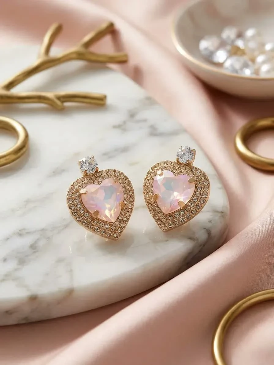 Heart-Shaped Gold Plated Crystal Earrings, 2-Piece Set