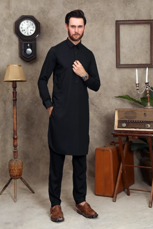 JET BLACK MEN'S WASH & WEAR SHALWAR KAMEEZ WITH COLLAR 2