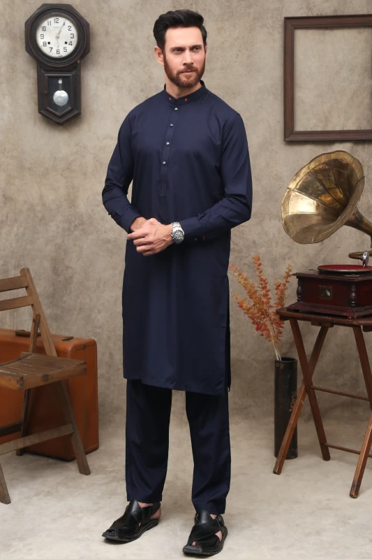 NAVY BLUE WASH & WEAR MEN'S SHALWAR KAMEEZ WITH RED CONTRAST