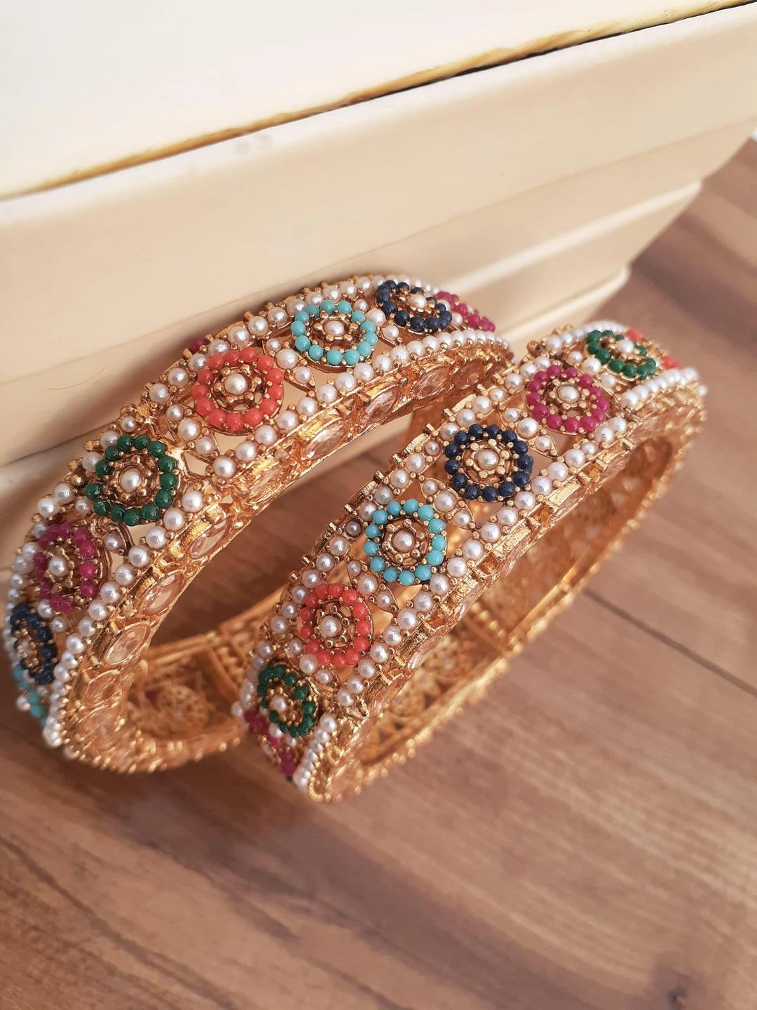 Gold-Plated Noratan Kara Bangles for Women - 2-Piece Multicolour Zircon Set
