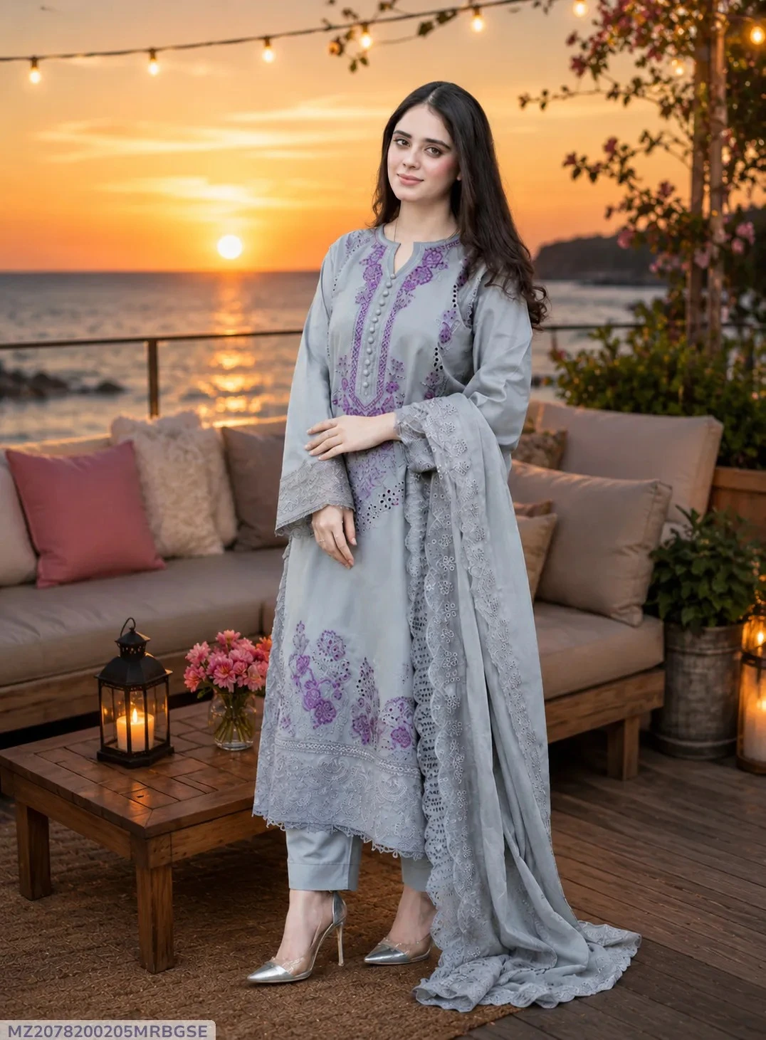 3-Piece Women's Chikankari Embroidered Lawn Suit - Grey (Unstitched)