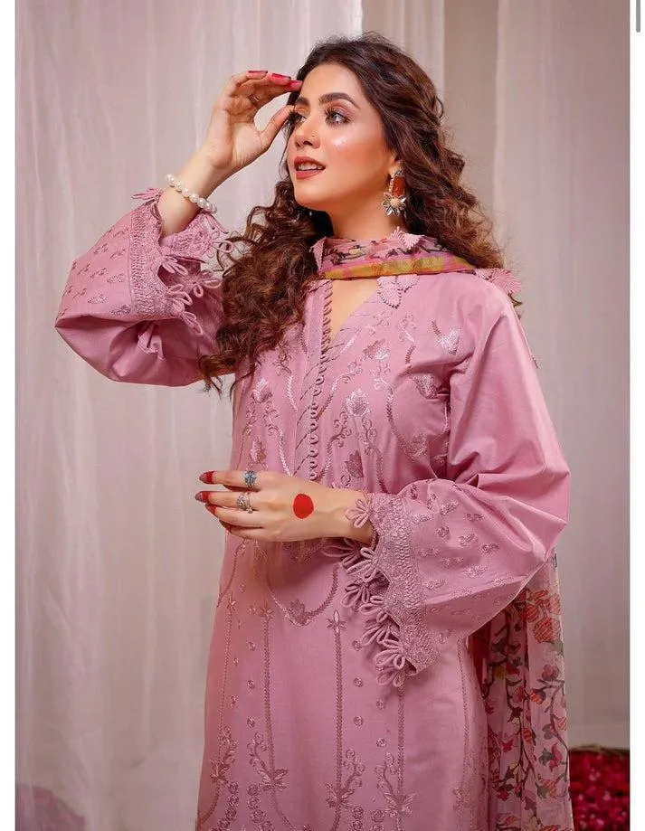 Pink Embroidered Lawn 3-Piece Suit for Women – Unstitched with Digital Print Dupatta