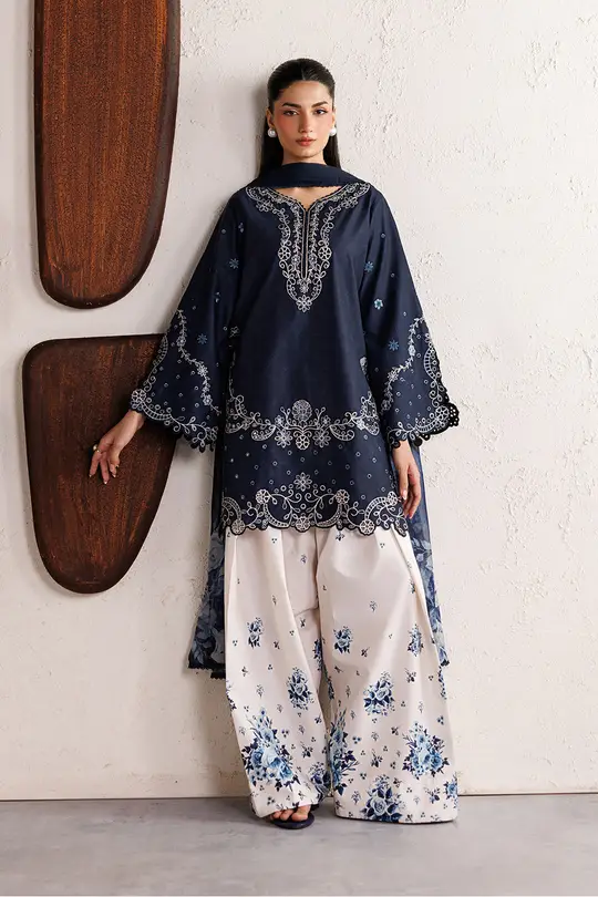 3-Piece Women's Stitched Cotton Embroidered Suit – Blue (Tawakal Closet)