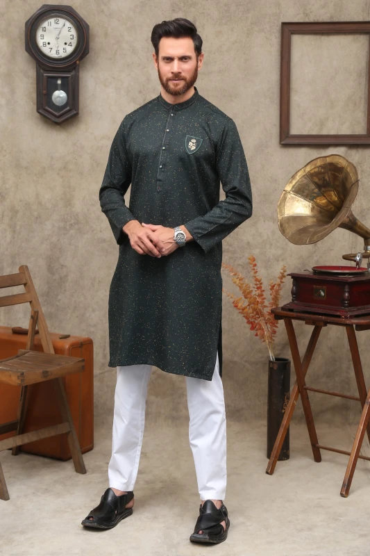 DARK GREEN DOTTED MEN'S COTTON KURTA