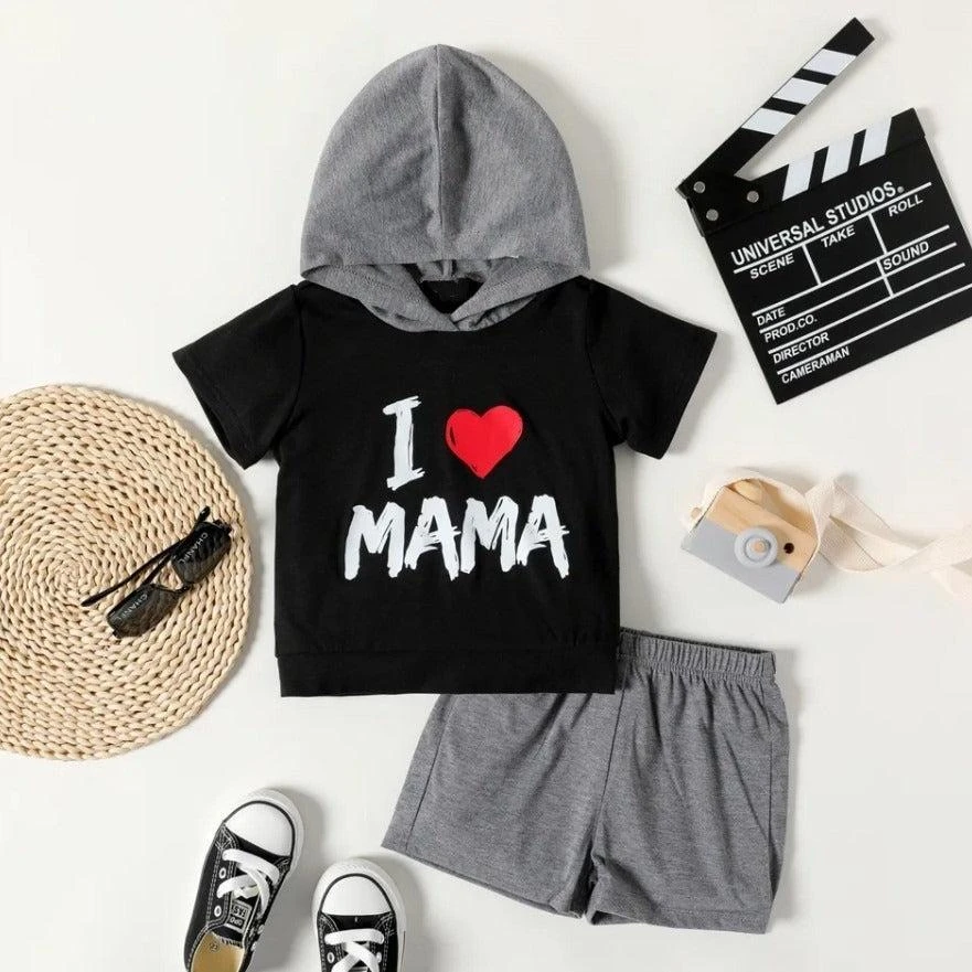 2pc Stitched Cotton Hood Shirt and Cotton Short- I love Mama Hood Set