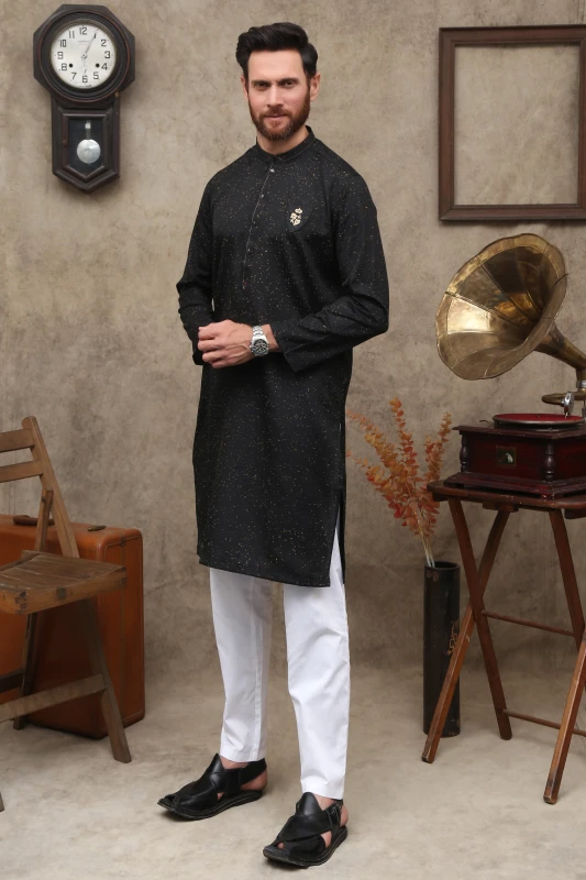 BLACK DOTTED MEN'S COTTON KURTA