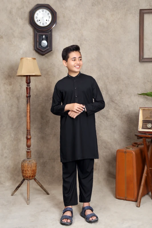 BLACK WASH & WEAR KID'S SHALWAR KAMEEZ WITH BLACK BUTTONS