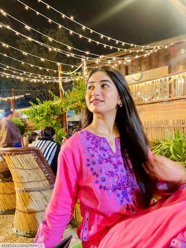 Pink Linen Embroidered V-Neck Kurta for Women - Stylish, Comfortable, and Elegant