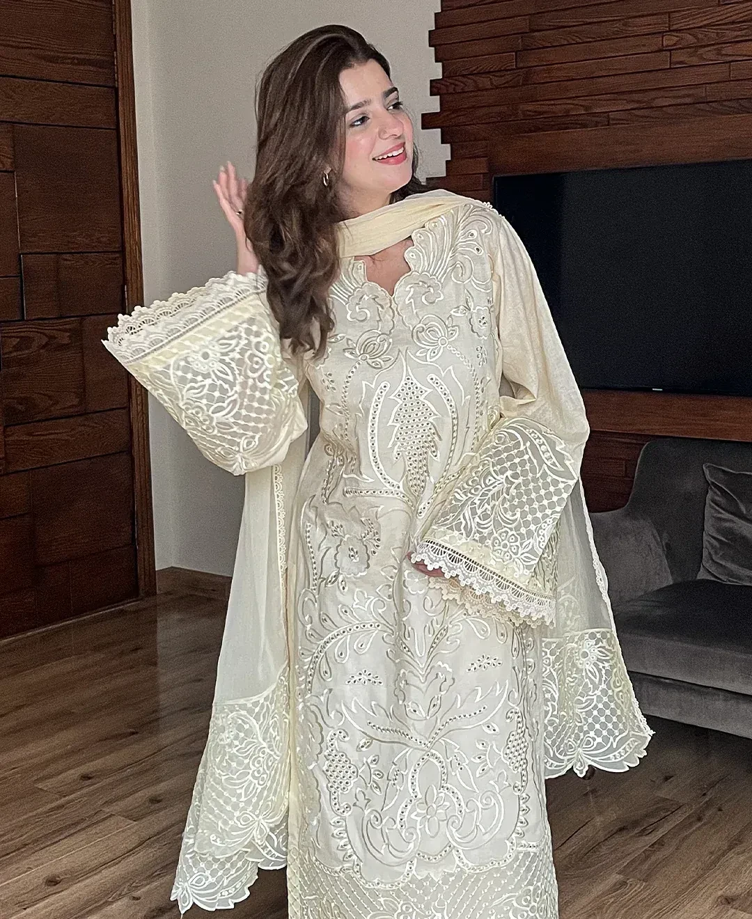 Butter Beige Embroidered Lawn Suit for Women – 3 Pcs