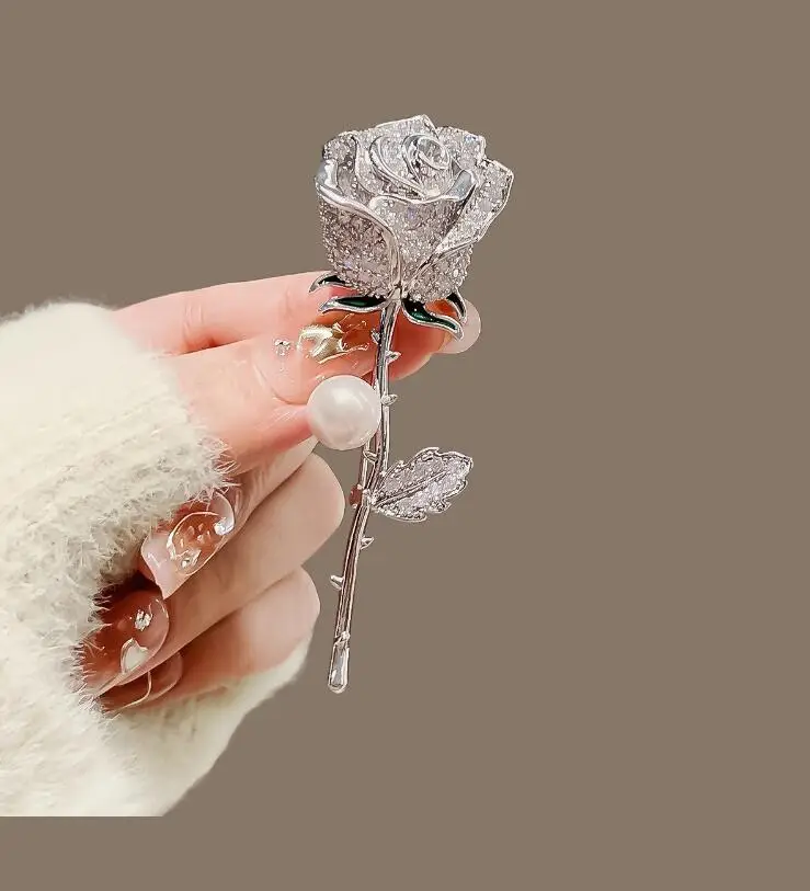 Golden Rose Brooch for Women – Diamond & Pearl Accent Pin, Gold & Silver Finish