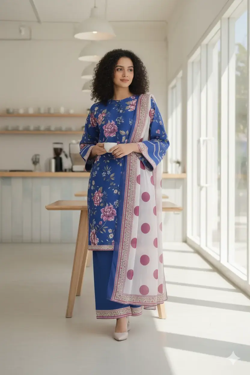 Stylish 3-Piece Women's Stitched Printed Lawn Suit – Blue