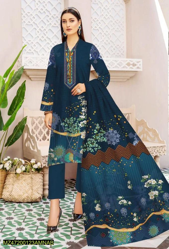 3 Pcs Women's Unstitched Dhanak Printed Suit