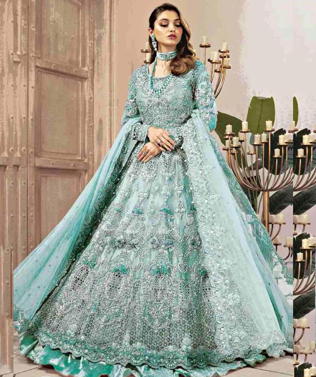 Bridal Wedding Embroidered Net Frock with Silk Trouser