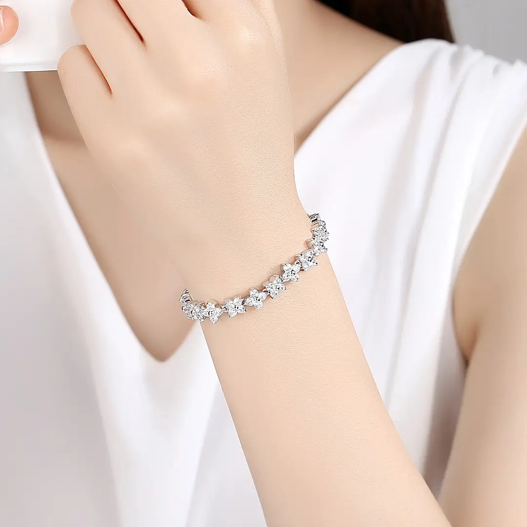 Elegant Silver Floral Bracelet for Women with Sparkling Stones