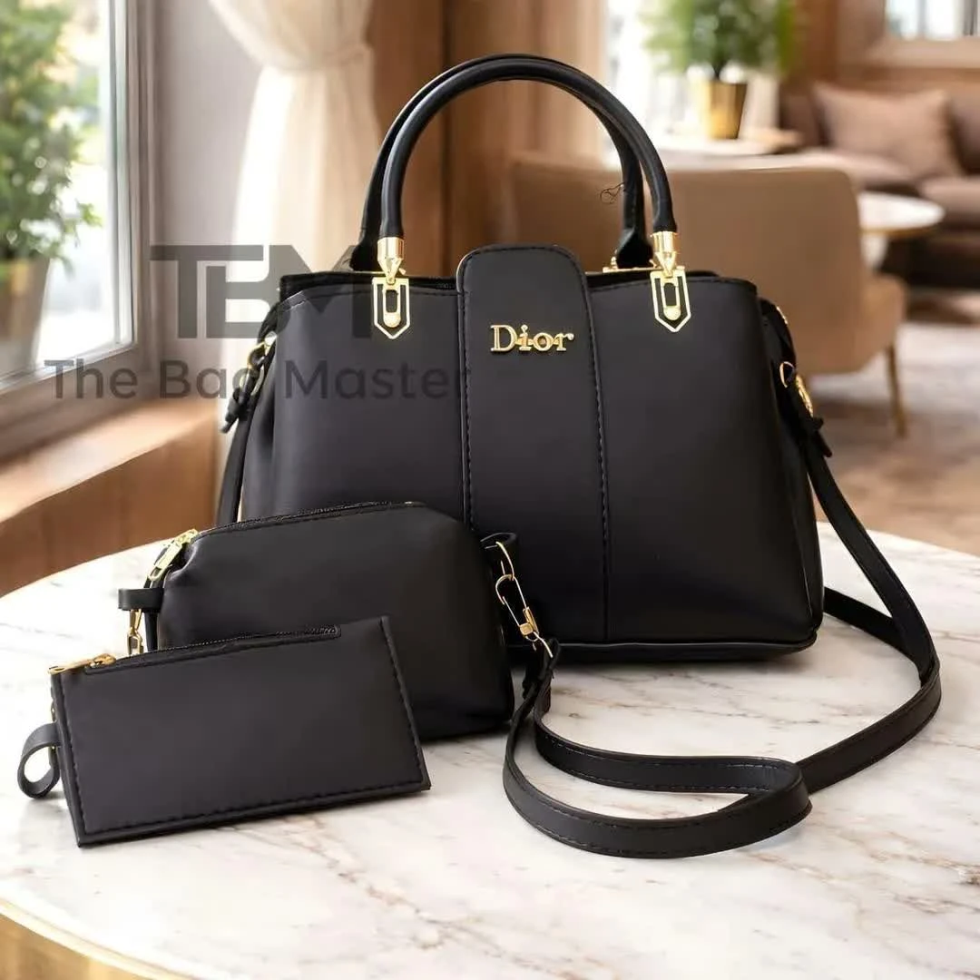 Women's Black Leather 2-Piece Handbag Set with Top Handle and Adjustable Shoulder Bag