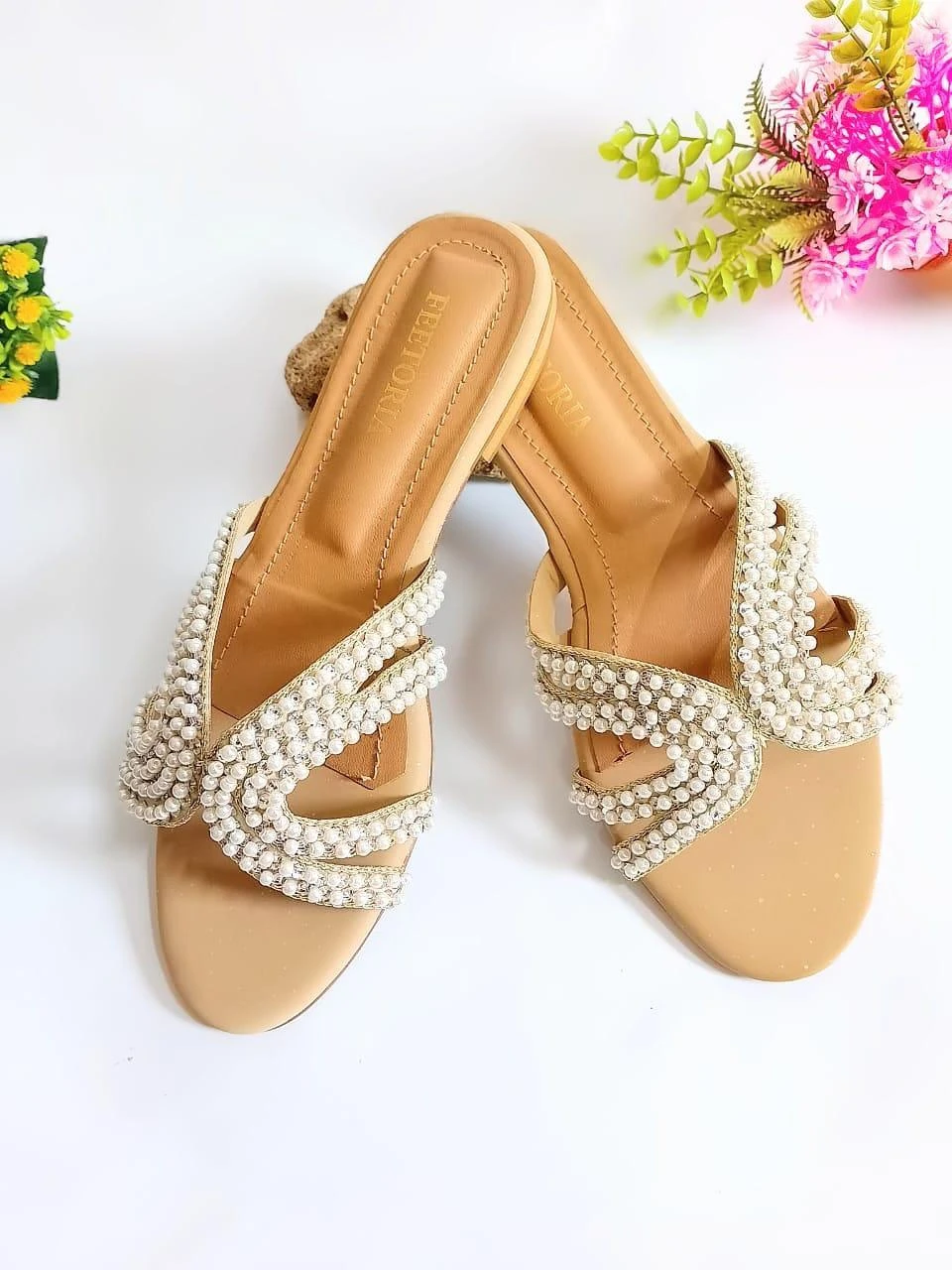 Fancy Women's Synthetic Leather Flats - Embroidered, Beige, and Chic