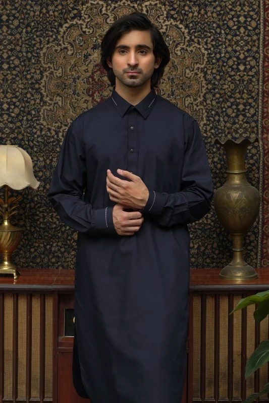 NAVY BLUE MEN'S WASH & WEAR SHALWAR KAMEEZ WITH COLLAR