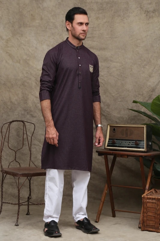 DARK PURPLE PATCHED MEN'S KURTA