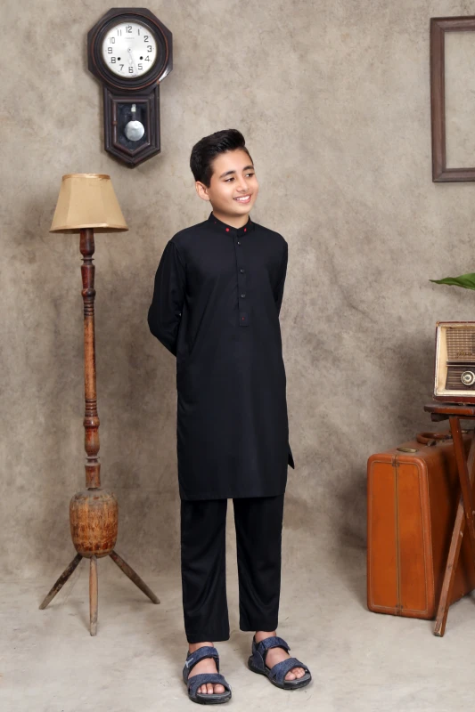 JET BLACK WASH & WEAR KID'S SHALWAR KAMEEZ WITH RED CONT