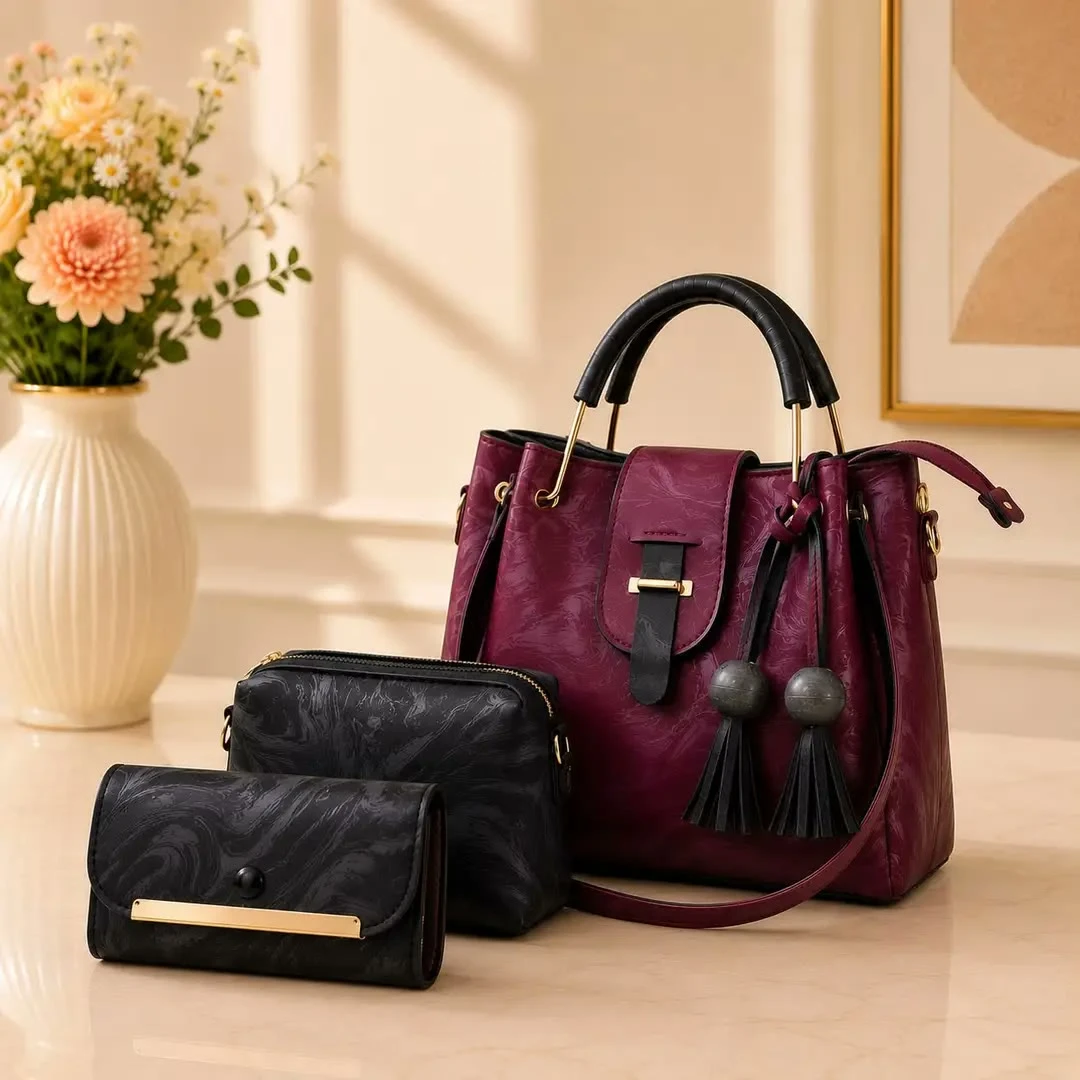 Women's Leather Plain Hand Bag Set with Top Handle in Maroon