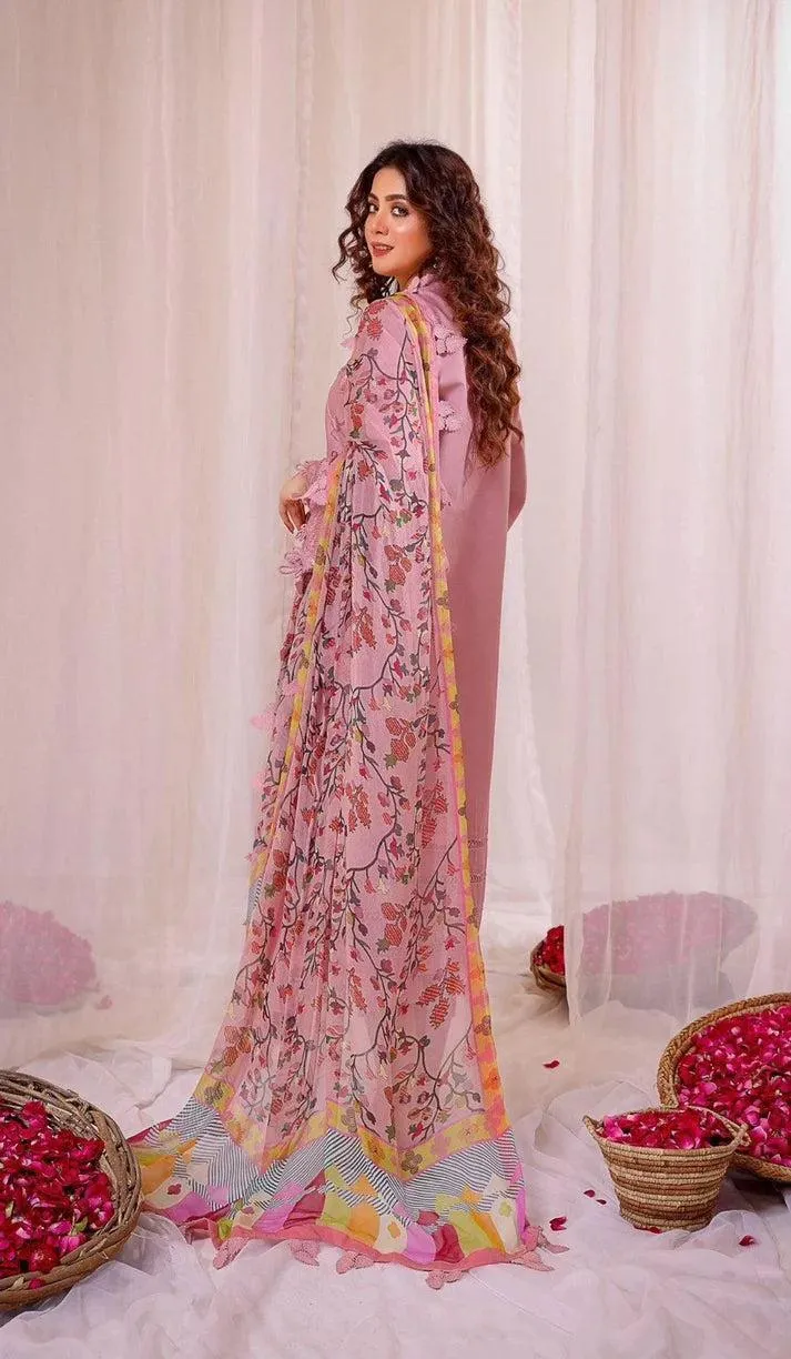 Pink Embroidered Lawn 3 Piece Suit for Women