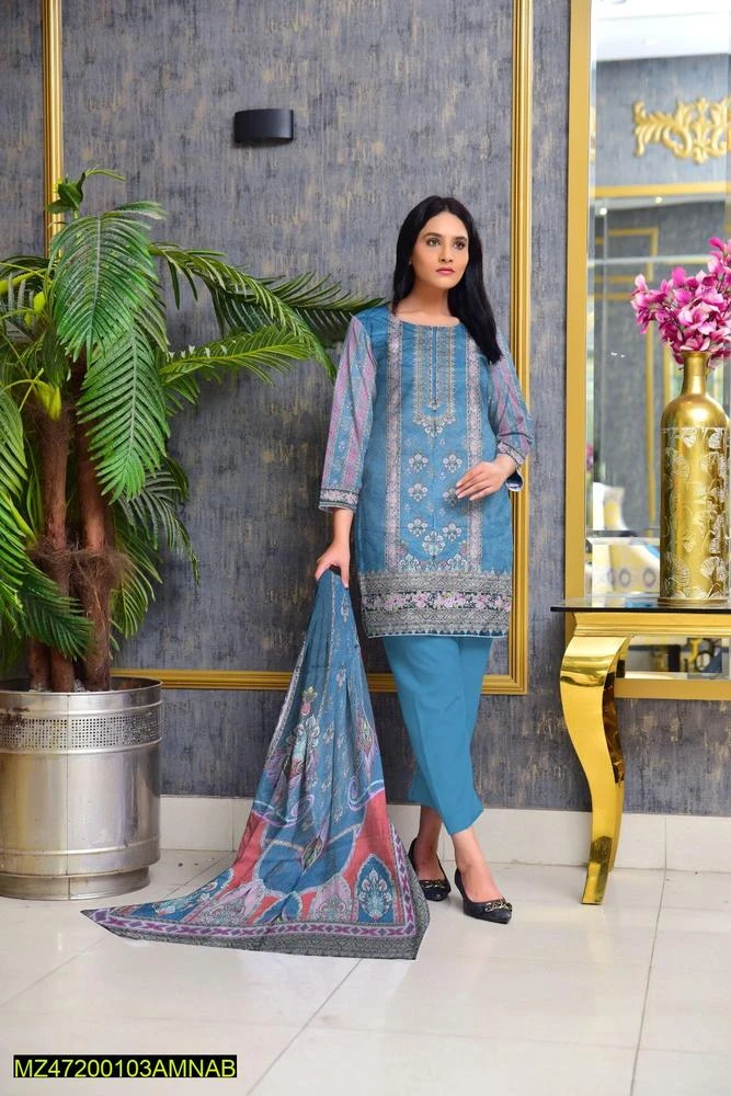 3 Pcs Women's Unstitched Dhanak Printed Suit