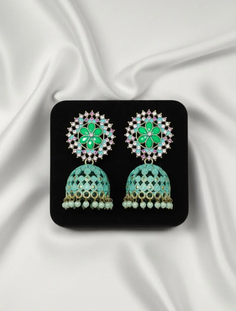 Green Jhumka Earrings for Women – Bridal & Festive Alloy Jhumka with Floral Stones and Pearl Drops