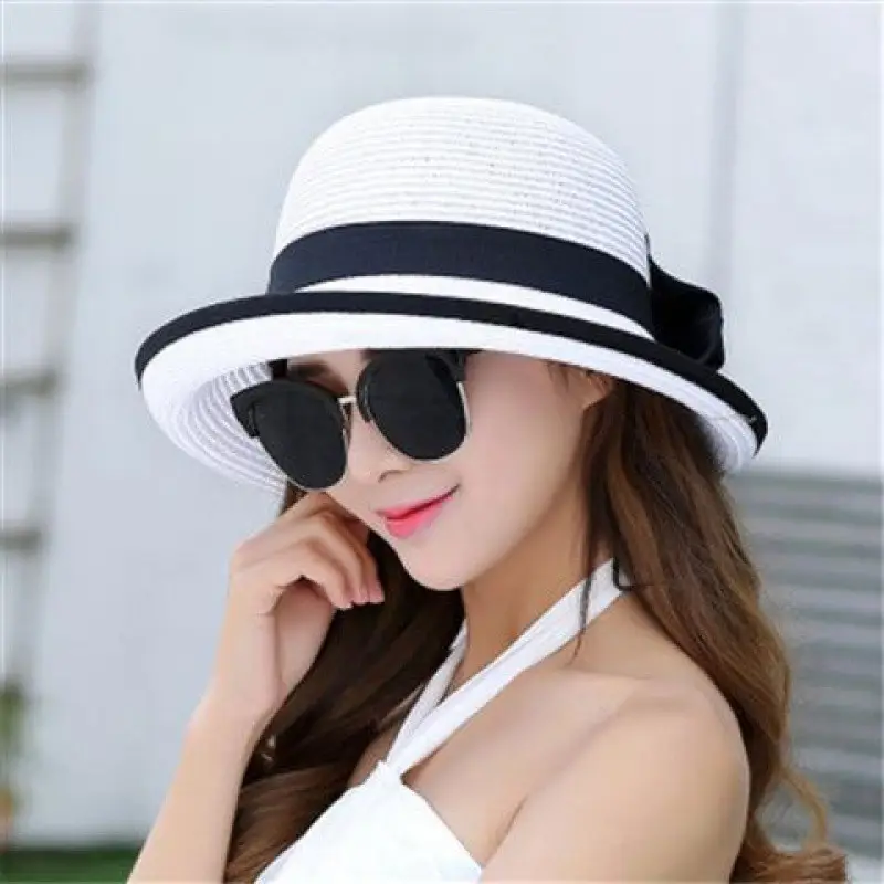 Women Straw Sun Hat UV Protection Bow Summer Hat