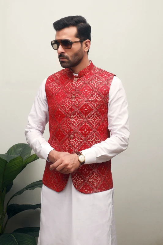 RED / PINK EMBROIDERY JAMAWAR MEN'S WAIST COAT