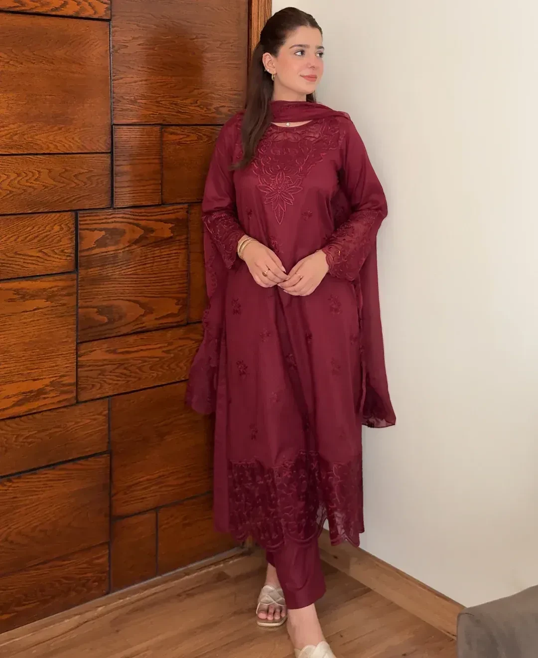 Rose Wine Embroidered Lawn Cotton 3 Piece Suit