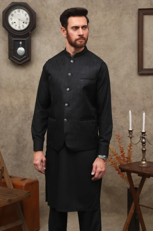 BLACK JAMAWAR MEN'S WAIST COAT