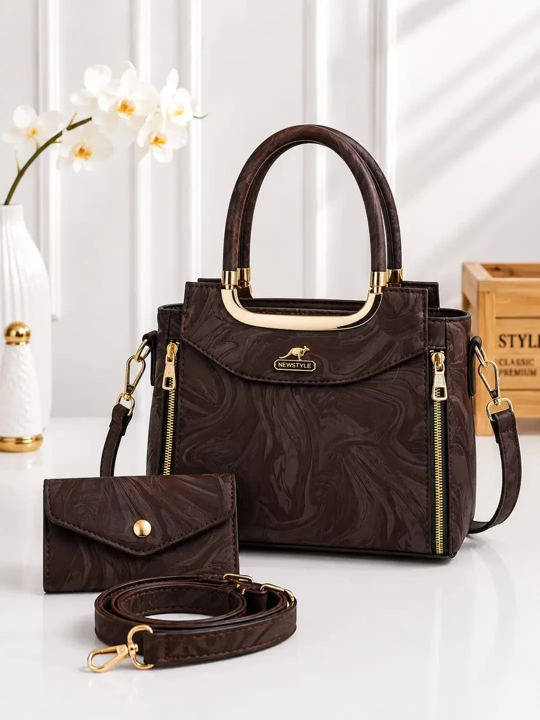 Women's Leather Printed 2-Piece Hand Bag Set with Top Handle (Brown)