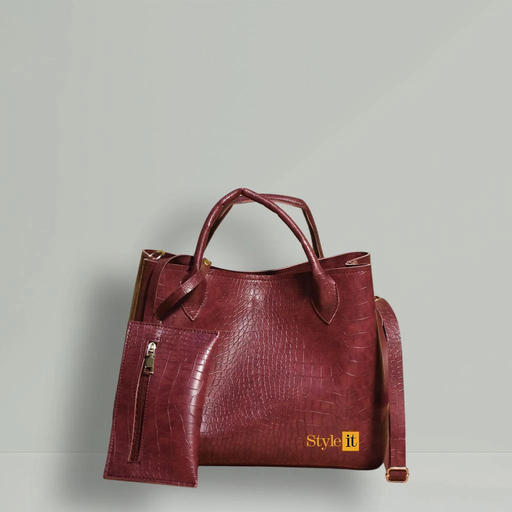 Women's Maroon Croc-Embossed 2-Piece Handbag Set with Pouch