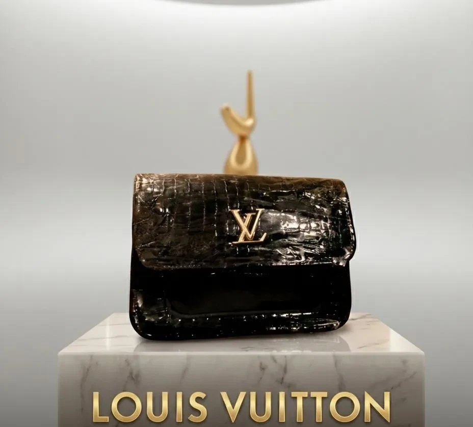 Louis Vuitton Croc Embossed Black Handbag with Gold Logo