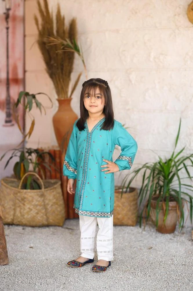 Teal Embroidered Kurta for Girls