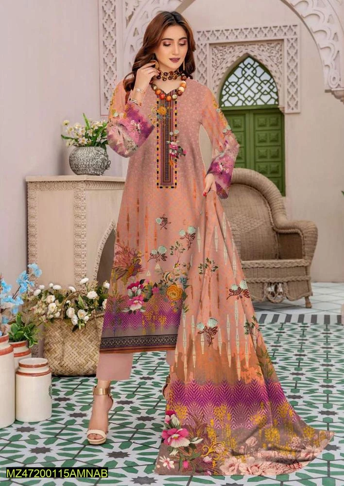 3 Pcs Women's Unstitched Dhanak Printed Suit