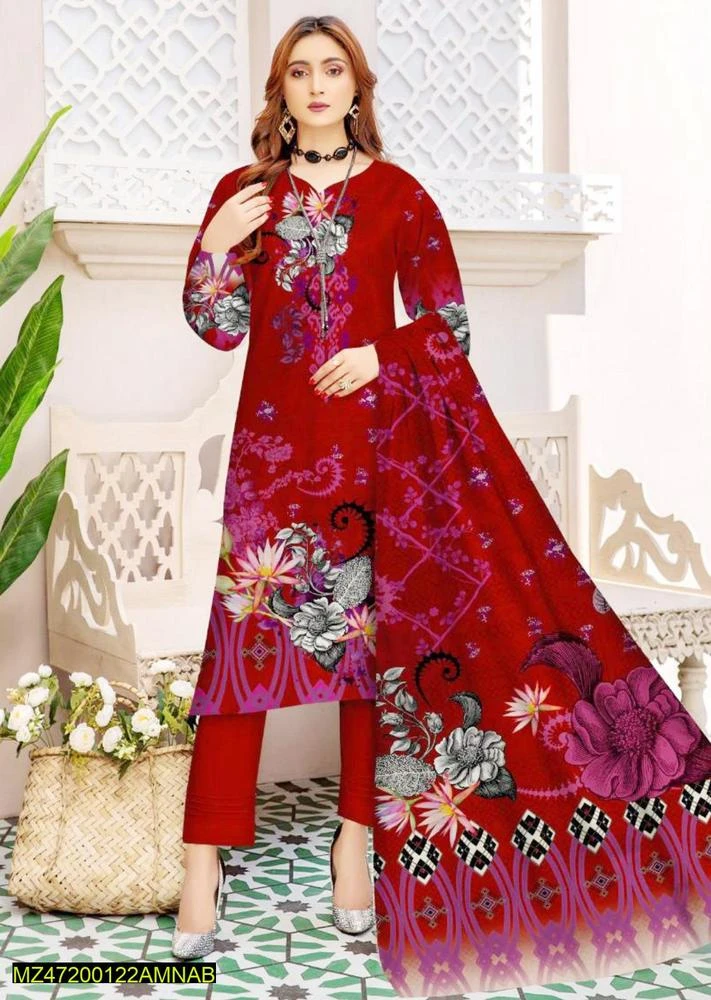 3 Pcs Women's Unstitched Dhanak Printed Suit